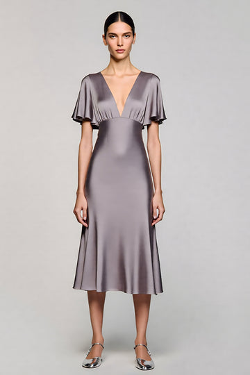 A Line Short Sleeve Grey Ruffled Midi Formal Dress